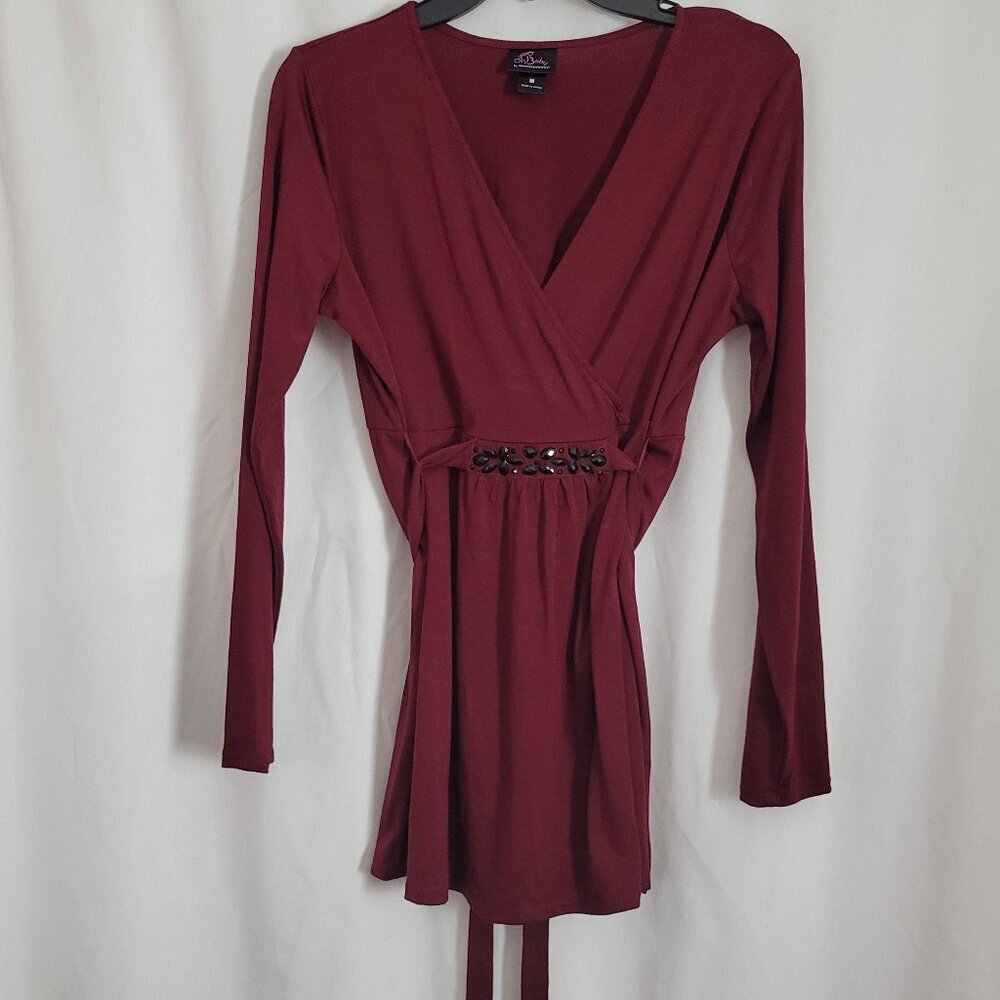 Oh Baby! Motherhood Top Medium maternity stretch embellished tie cranberry wine - Picture 2 of 10